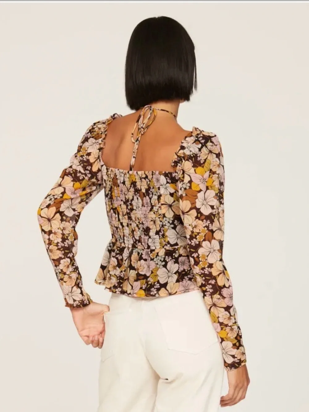 Astr the Label Toni Top Floral Ruched Peplum in Brown, Pink & Yellow